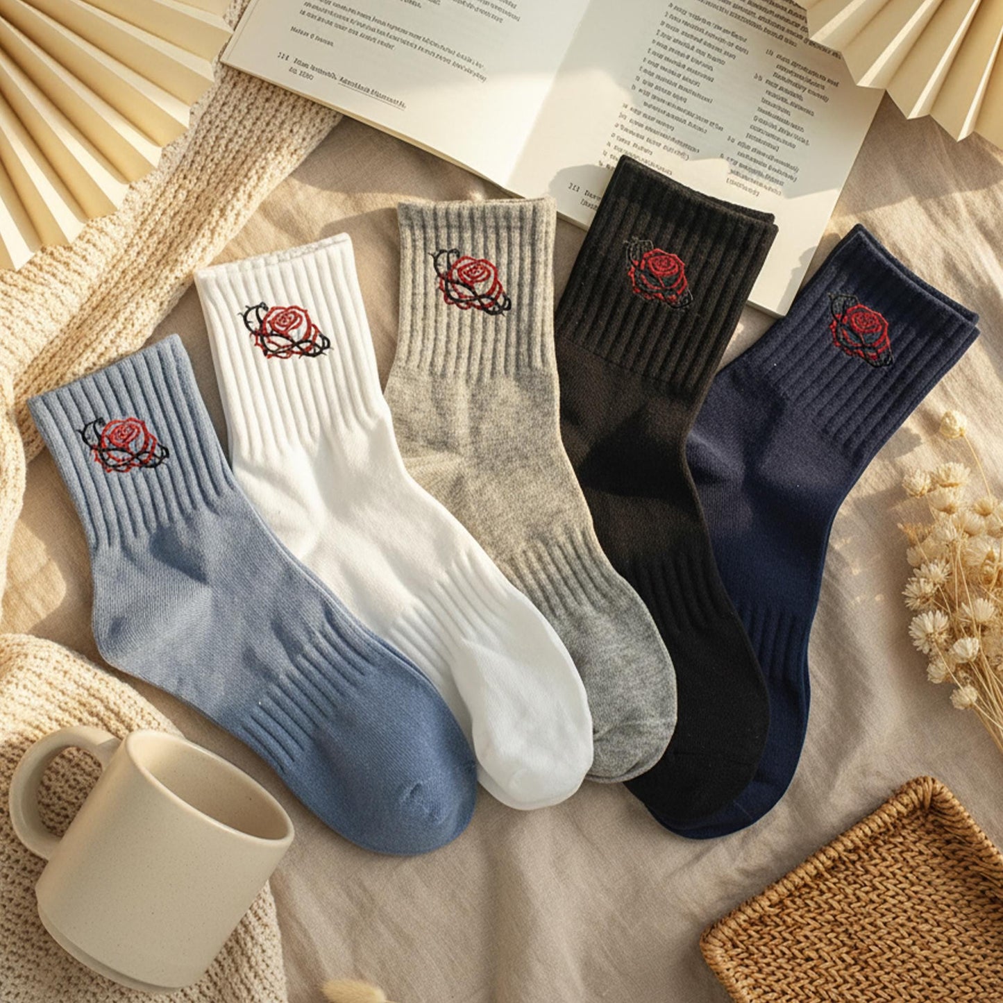 5 Pairs Rose Embroidered Socks Set ｜ Soft Cotton Ribbed Socks for Men