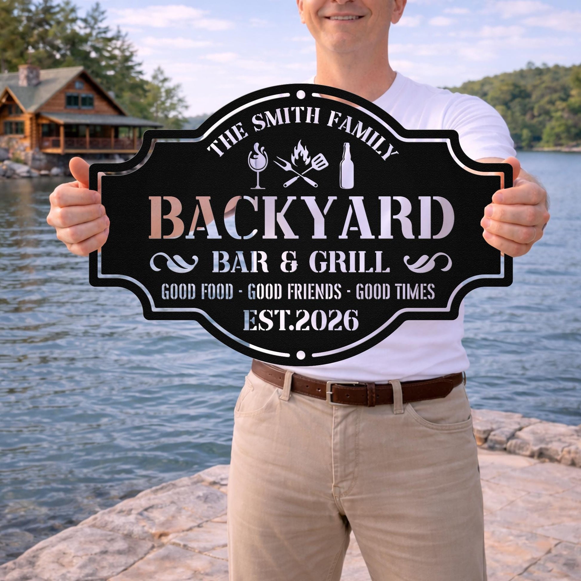Personalized Backyard Bar & Grill Metal Sign – Custom Family Name Outdoor Decor