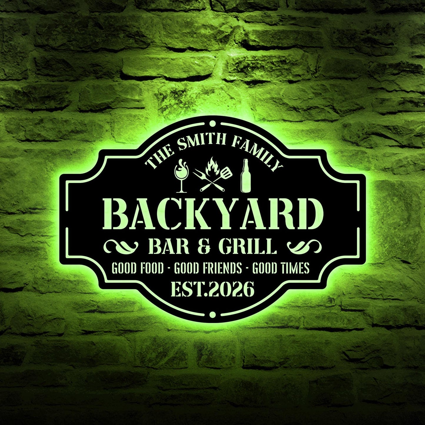 Personalized Backyard Bar & Grill Metal Sign – Custom Family Name Outdoor Decor