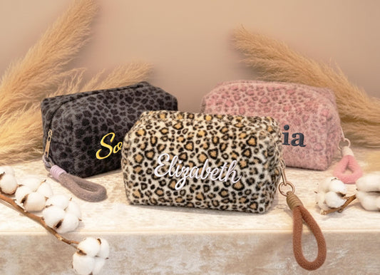 Personalized Leopard Print Makeup Bag | Custom Embroidered Name Cosmetic Pouch | Fuzzy Plush Toiletry Bag | Bridesmaid Gift