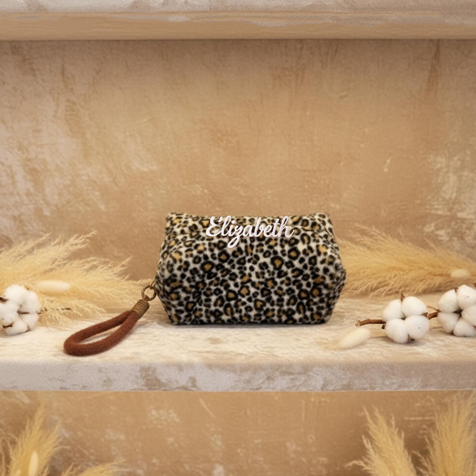 Personalized Leopard Print Makeup Bag | Custom Embroidered Name Cosmetic Pouch | Fuzzy Plush Toiletry Bag | Bridesmaid Gift