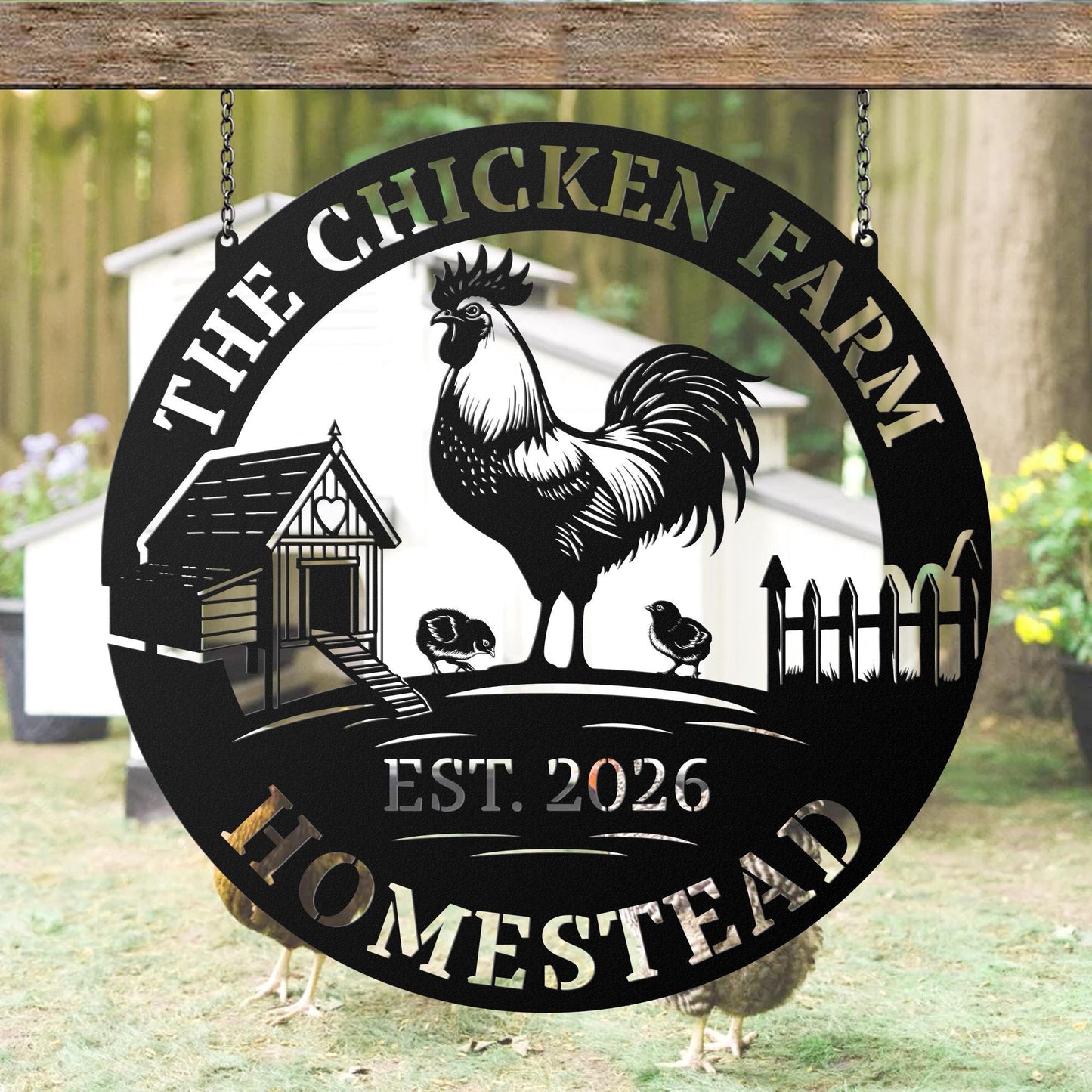 Personalized Homestead Hanging Metal Sign, Rustic Chicken Farm Wall Art