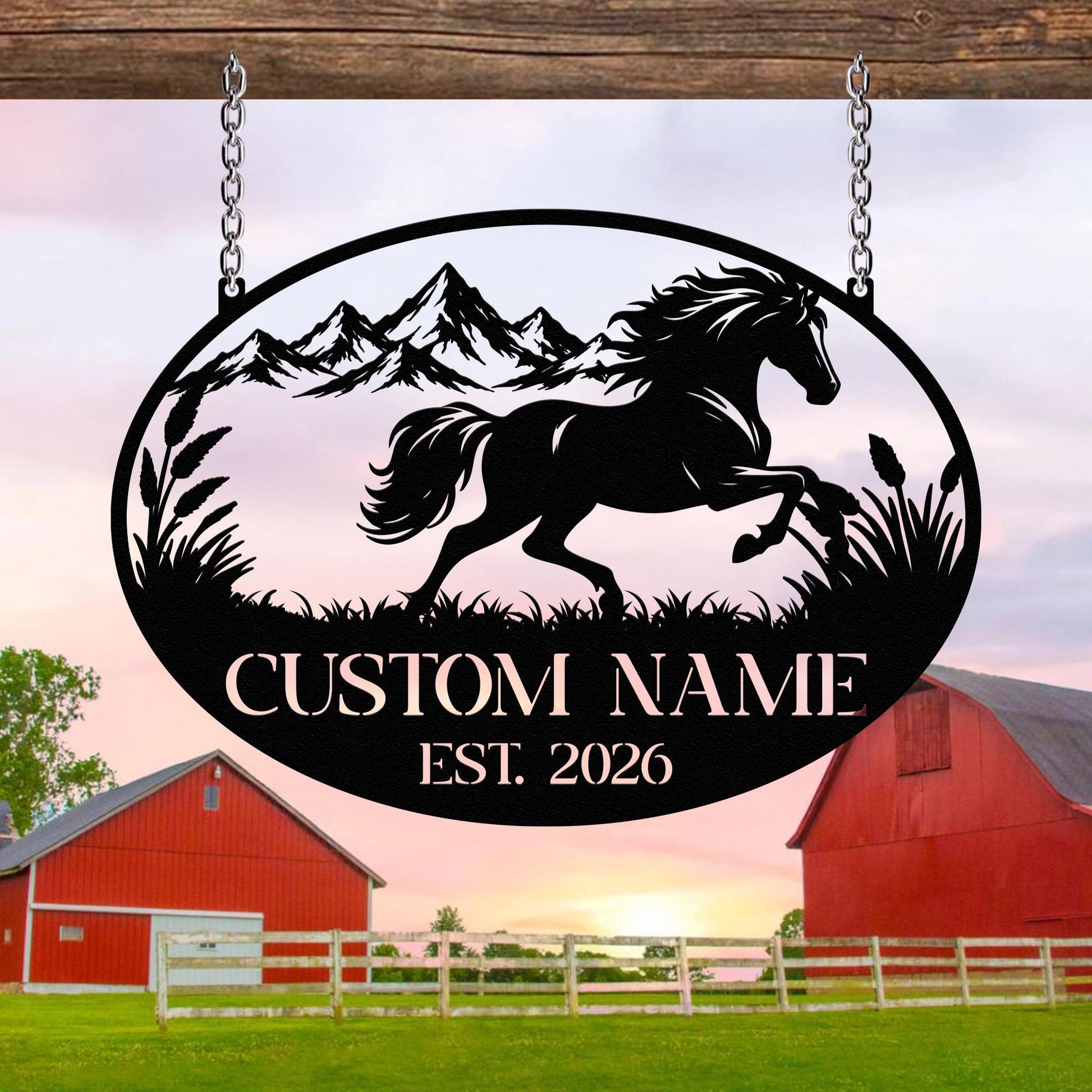Personalized Horse Metal Sign Custom Name Mountain Sunset Hanging Ranch Farm Decor Gift