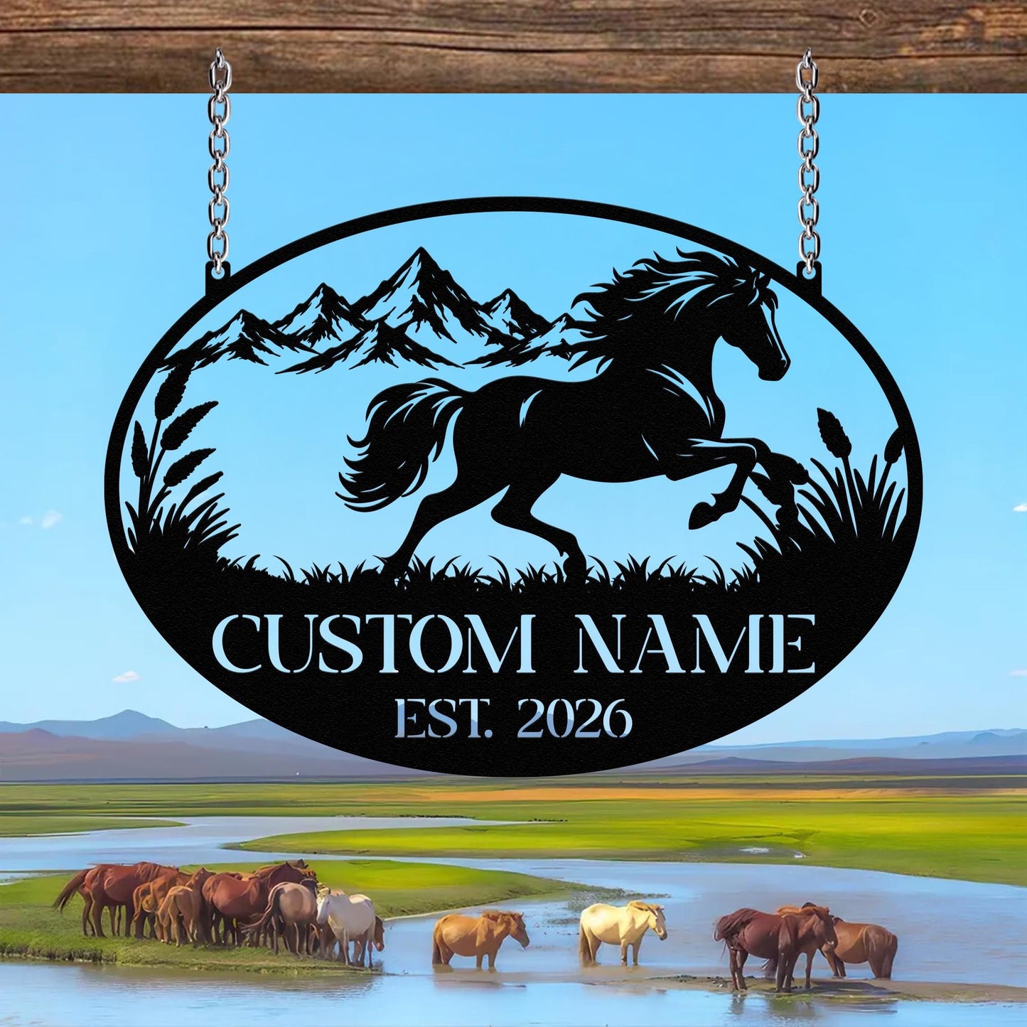 Personalized Horse Metal Sign Custom Name Mountain Sunset Hanging Ranch Farm Decor Gift
