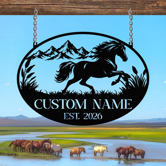 Personalized Horse Metal Sign Custom Name Mountain Sunset Hanging Ranch Farm Decor Gift