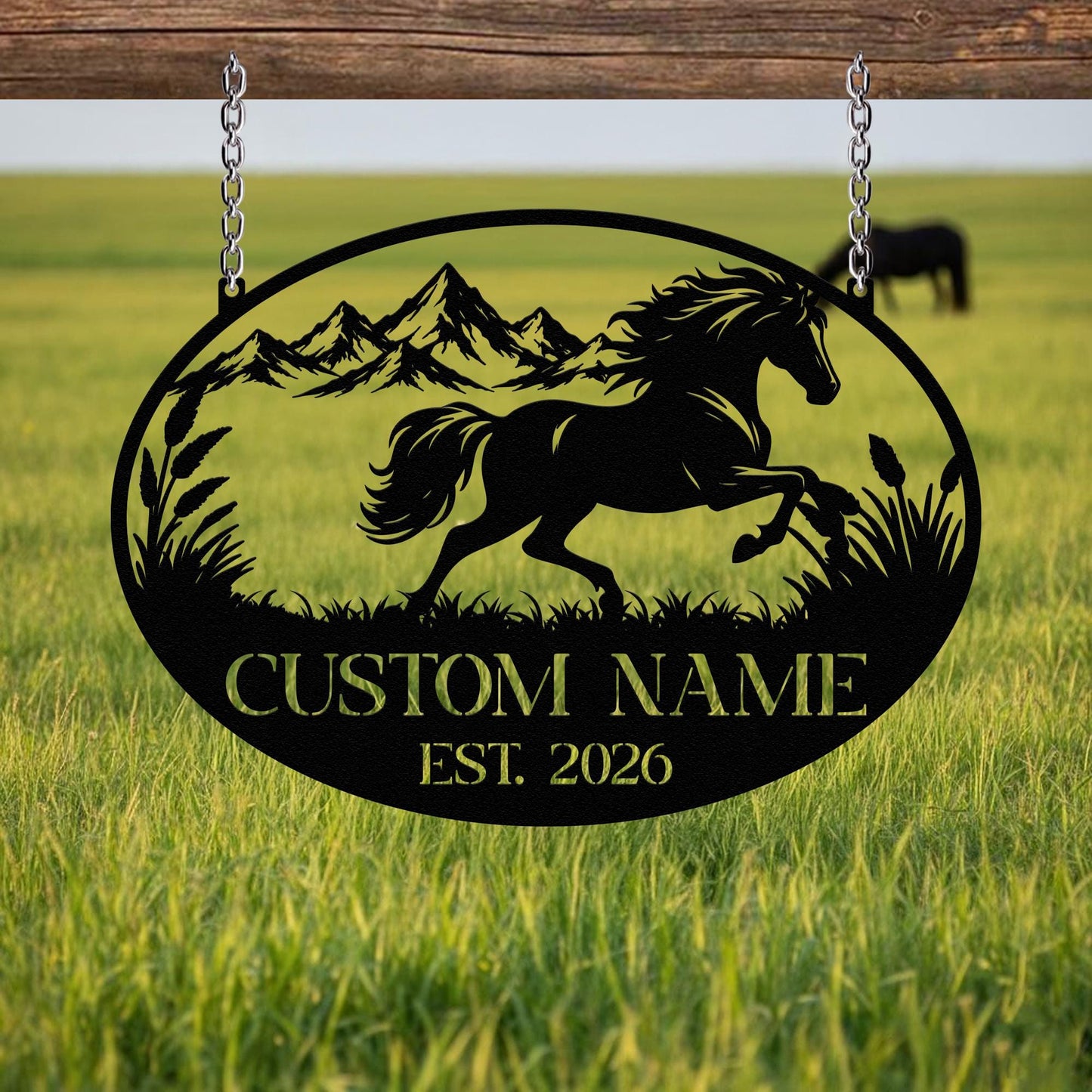 Personalized Horse Metal Sign Custom Name Mountain Sunset Hanging Ranch Farm Decor Gift