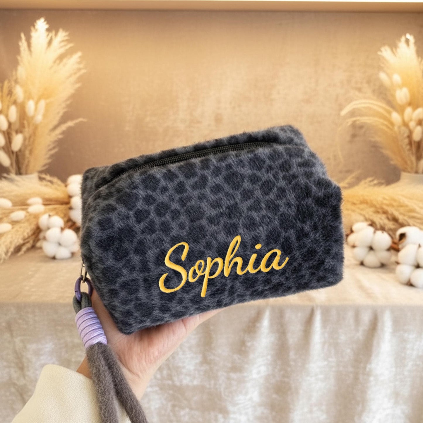 Personalized Leopard Print Makeup Bag | Custom Embroidered Name Cosmetic Pouch | Fuzzy Plush Toiletry Bag | Bridesmaid Gift