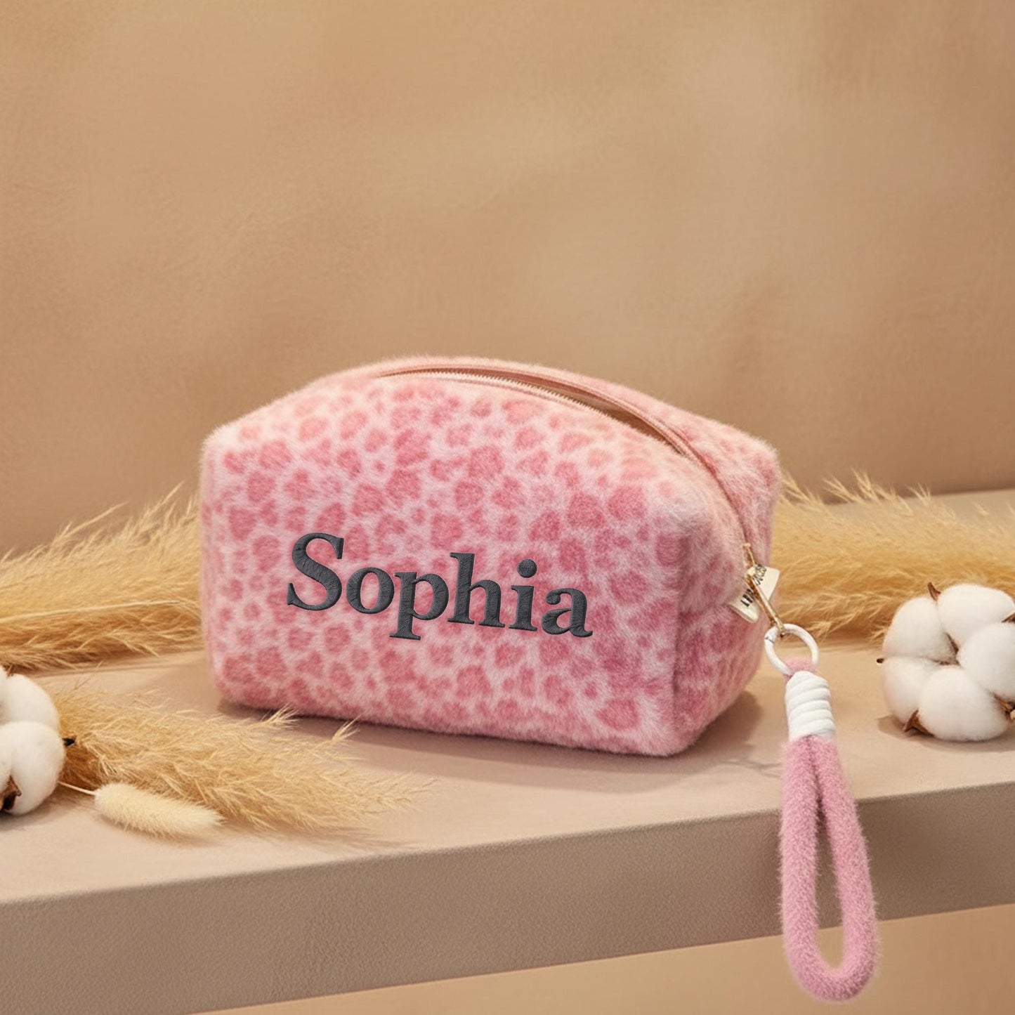 Personalized Leopard Print Makeup Bag | Custom Embroidered Name Cosmetic Pouch | Fuzzy Plush Toiletry Bag | Bridesmaid Gift