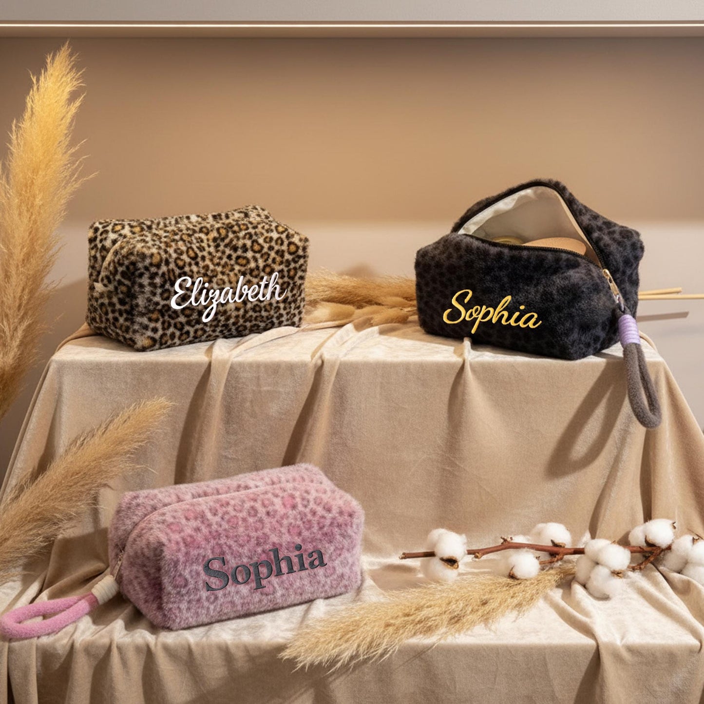 Personalized Leopard Print Makeup Bag | Custom Embroidered Name Cosmetic Pouch | Fuzzy Plush Toiletry Bag | Bridesmaid Gift