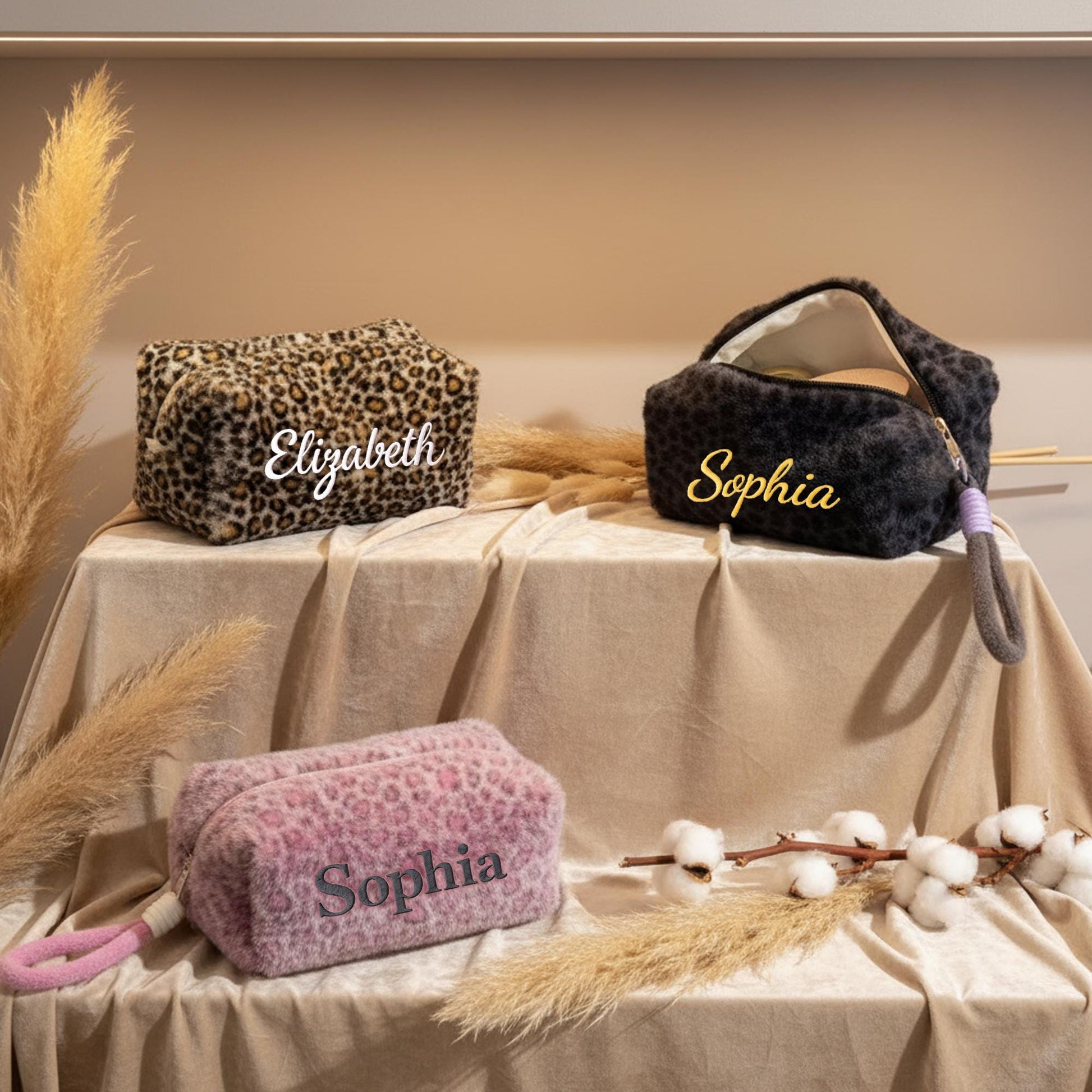 Personalized Leopard Print Makeup Bag | Custom Embroidered Name Cosmetic Pouch | Fuzzy Plush Toiletry Bag | Bridesmaid Gift