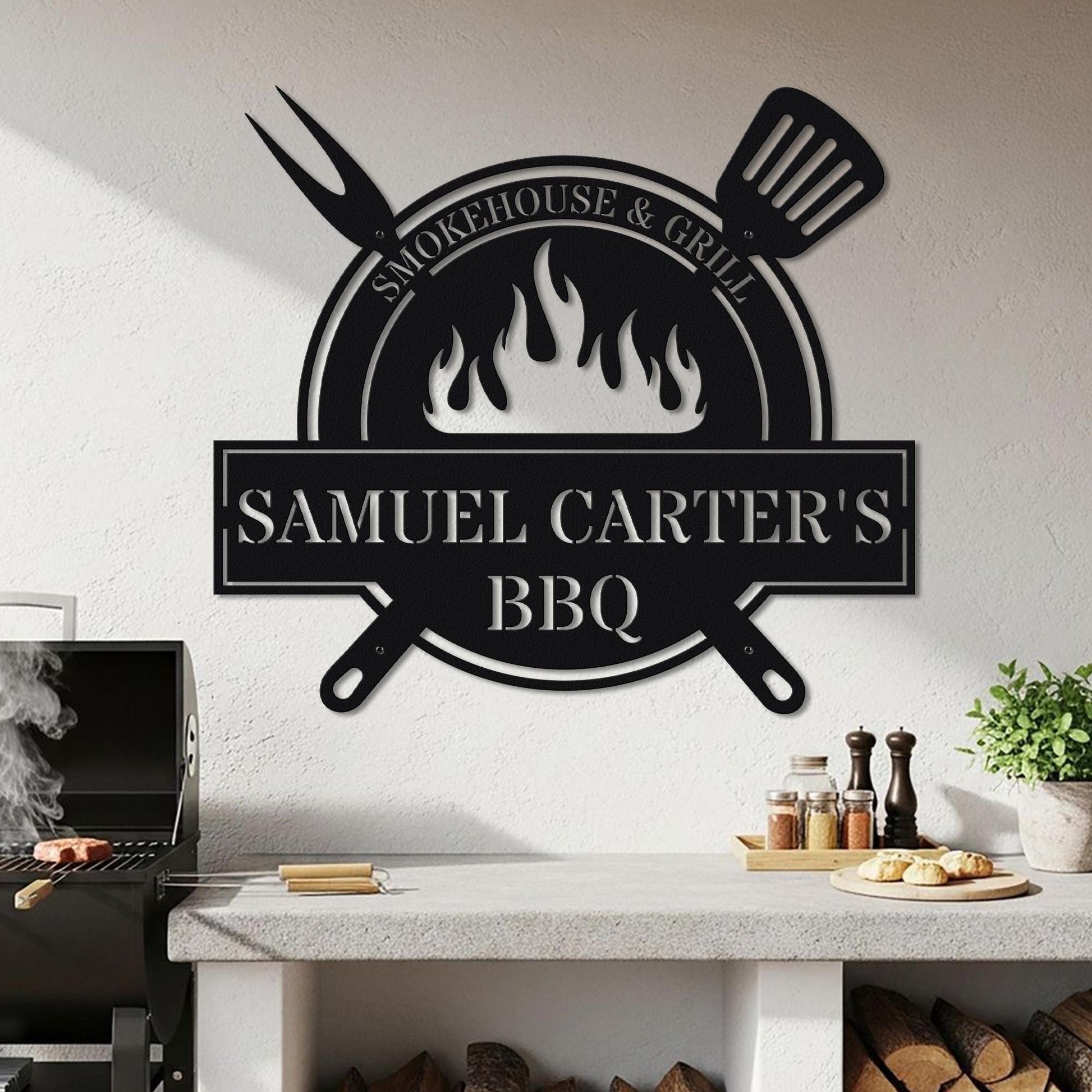 BBQ Metal Wall Sign - Personalized Smokehouse & Grill, Custom Name Décor for BBQ Lovers