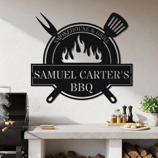 BBQ Metal Wall Sign - Personalized Smokehouse & Grill, Custom Name Décor for BBQ Lovers