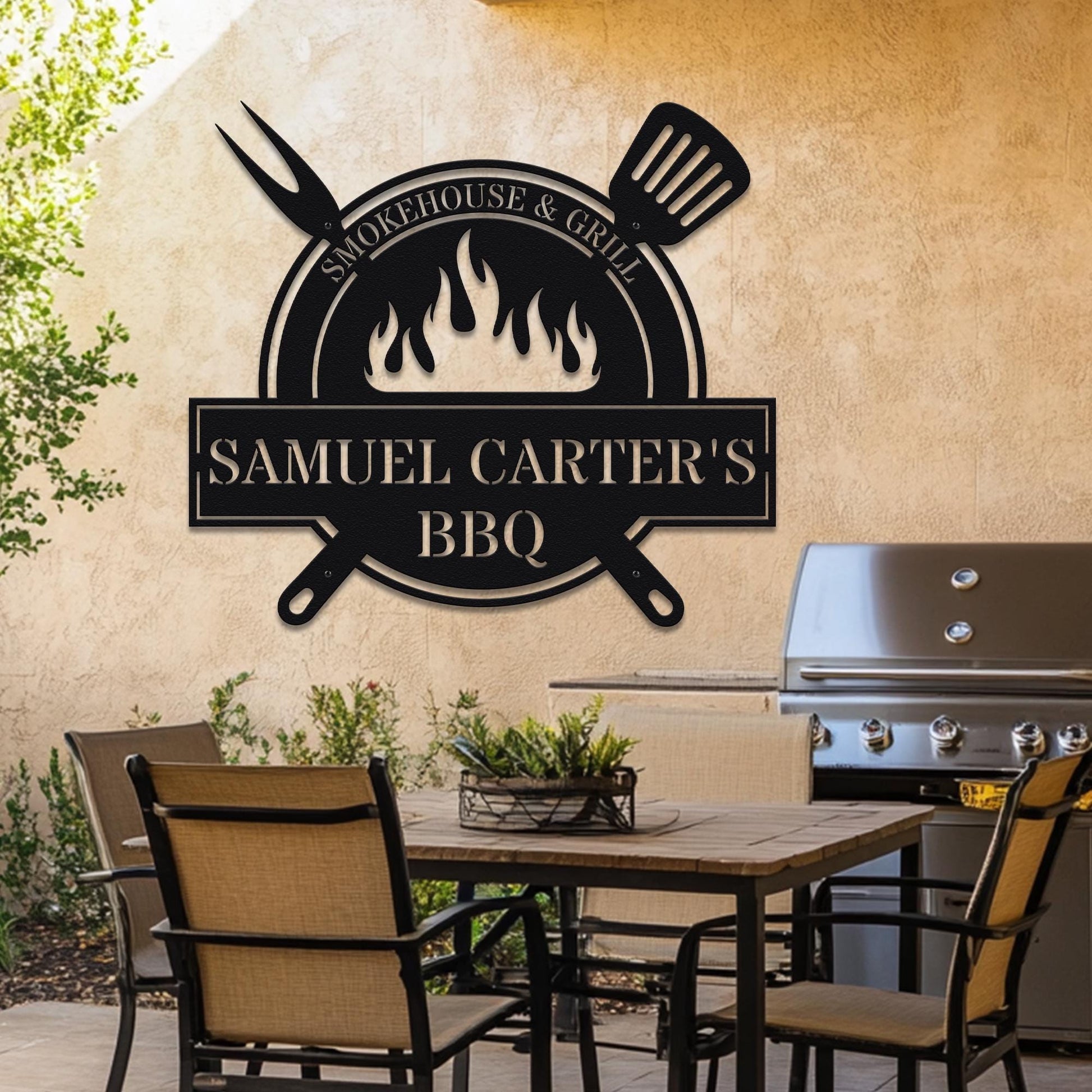 BBQ Metal Wall Sign - Personalized Smokehouse & Grill, Custom Name Décor for BBQ Lovers