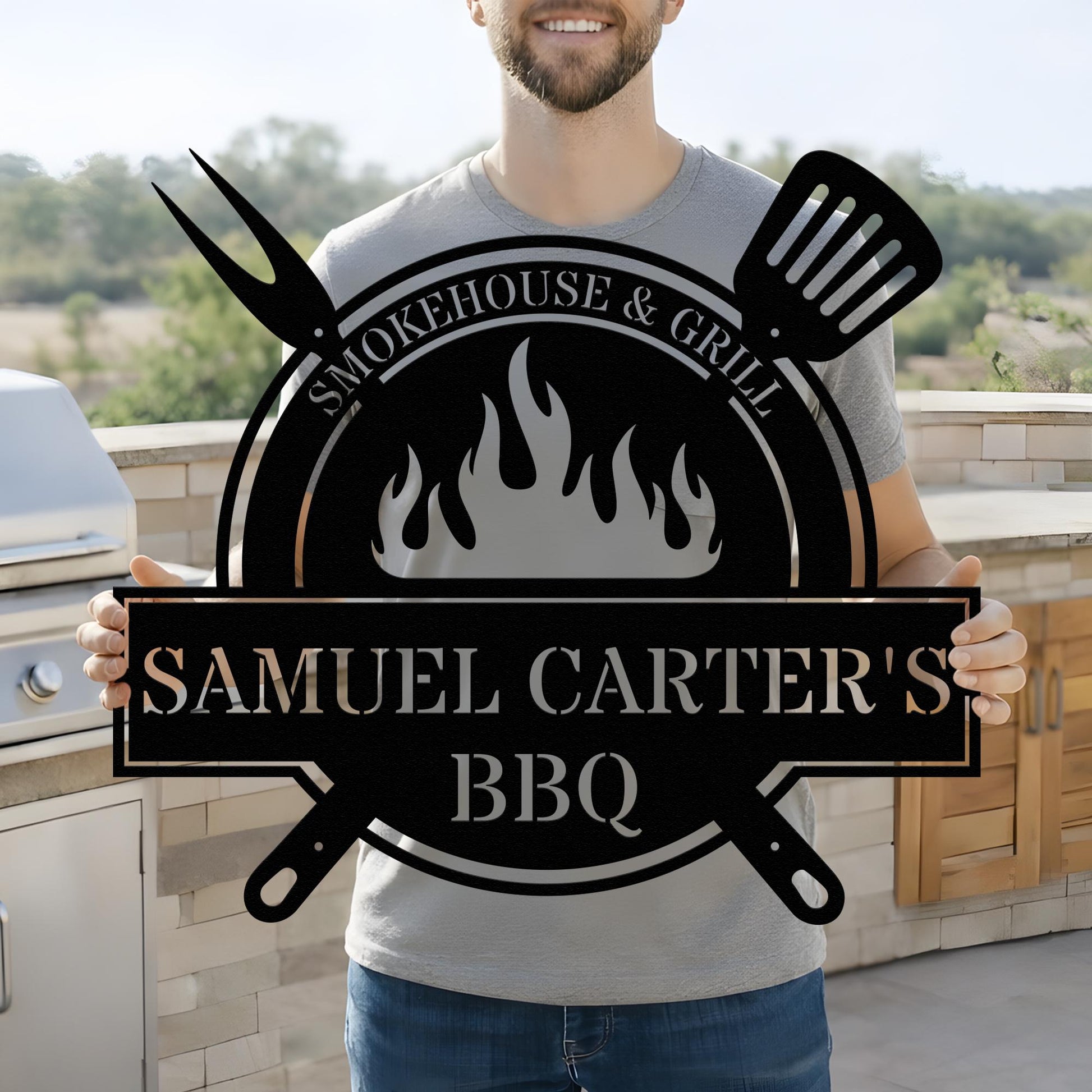 BBQ Metal Wall Sign - Personalized Smokehouse & Grill, Custom Name Décor for BBQ Lovers