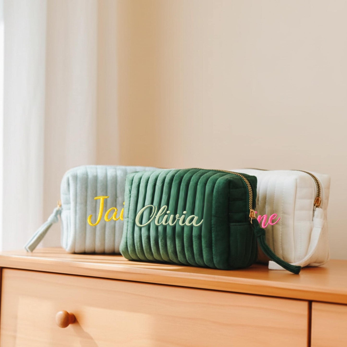 Personalized Embroidered Makeup Bag | Custom Name Corduroy Cosmetic Pouch | Bridesmaid Gift | Travel Toiletry Bag