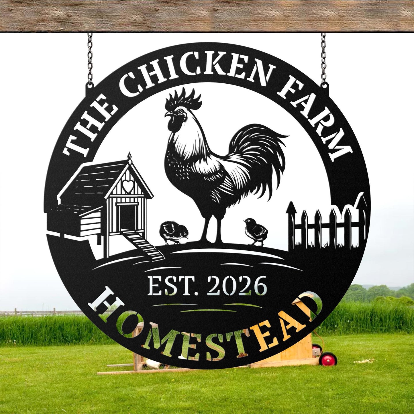 Personalized Homestead Hanging Metal Sign, Rustic Chicken Farm Wall Art