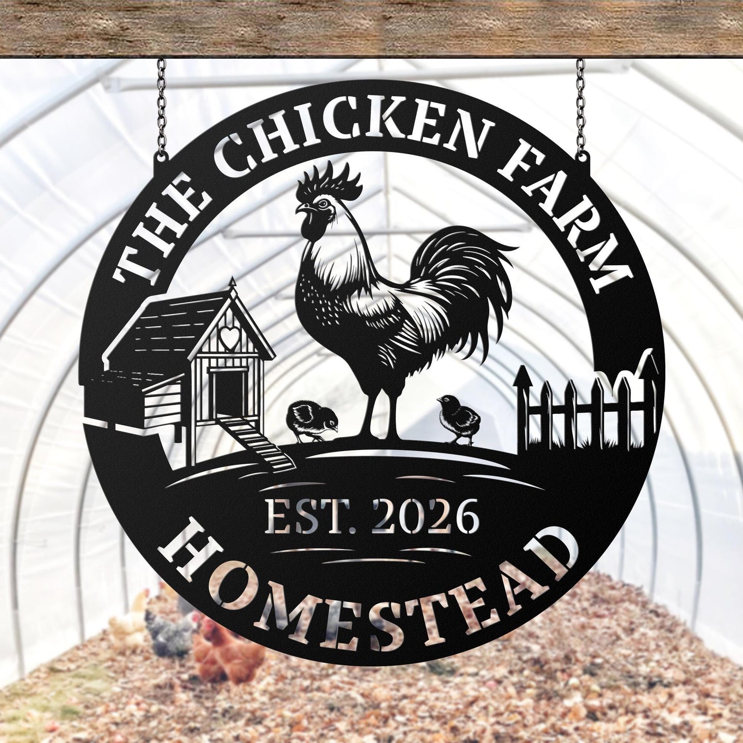 Personalized Homestead Hanging Metal Sign, Rustic Chicken Farm Wall Art
