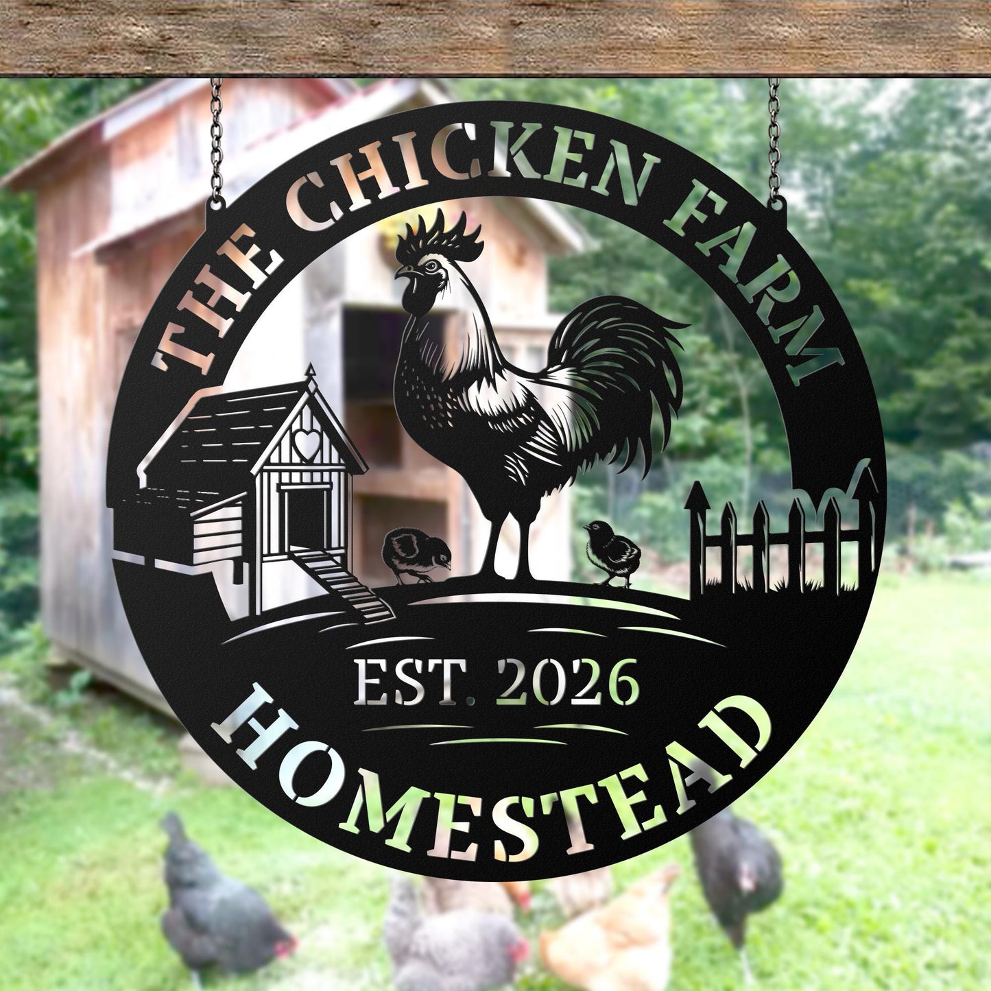 Personalized Homestead Hanging Metal Sign, Rustic Chicken Farm Wall Art