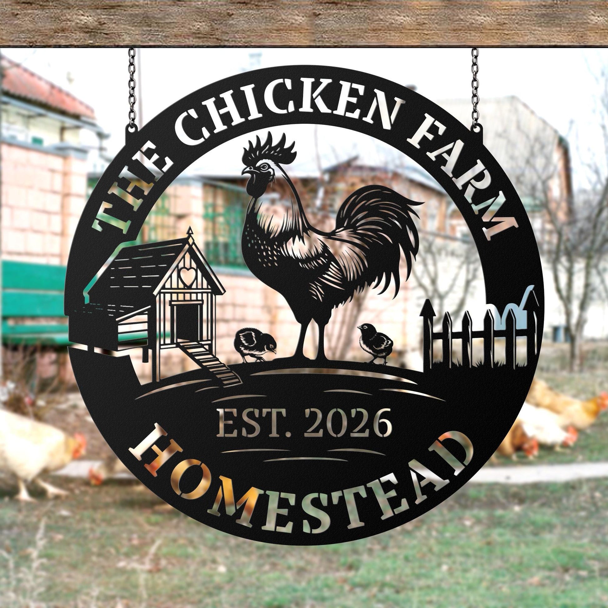 Personalized Homestead Hanging Metal Sign, Rustic Chicken Farm Wall Art