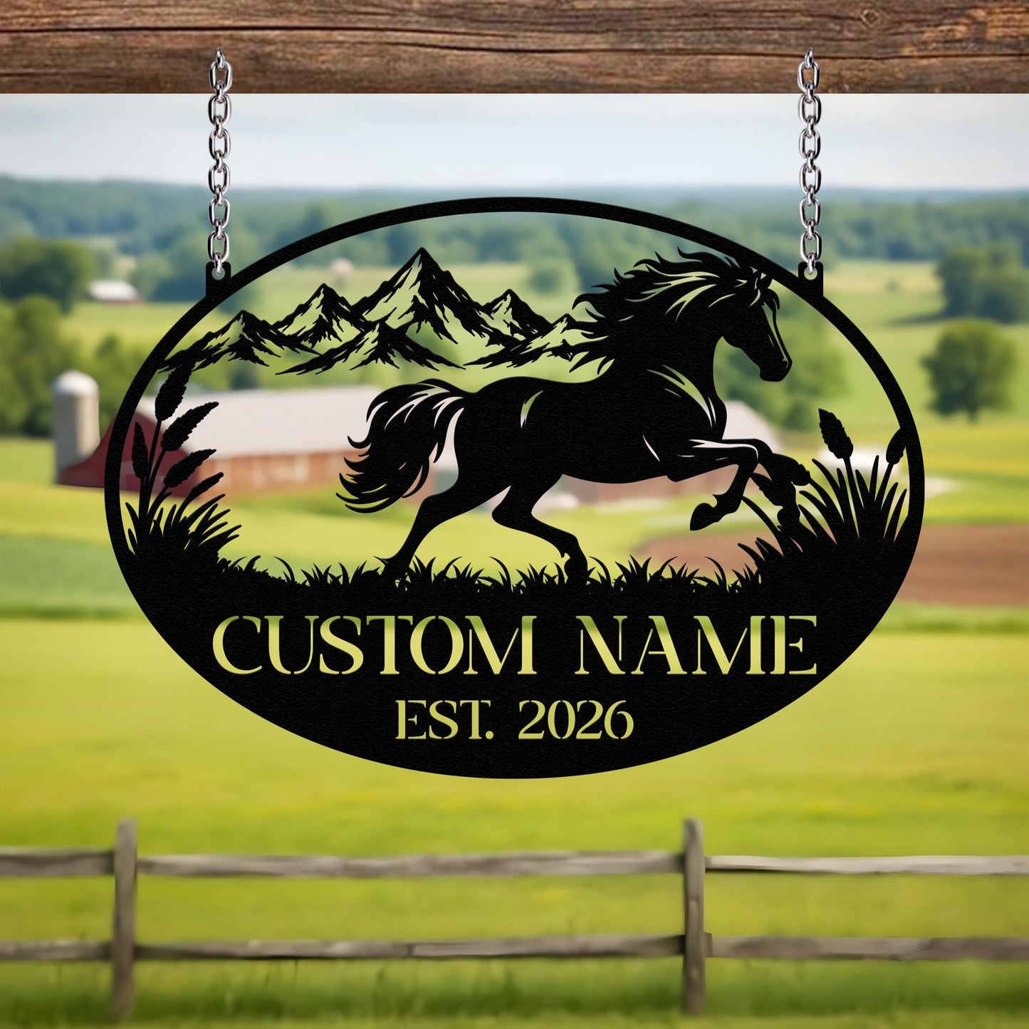 Personalized Horse Metal Sign Custom Name Mountain Sunset Hanging Ranch Farm Decor Gift