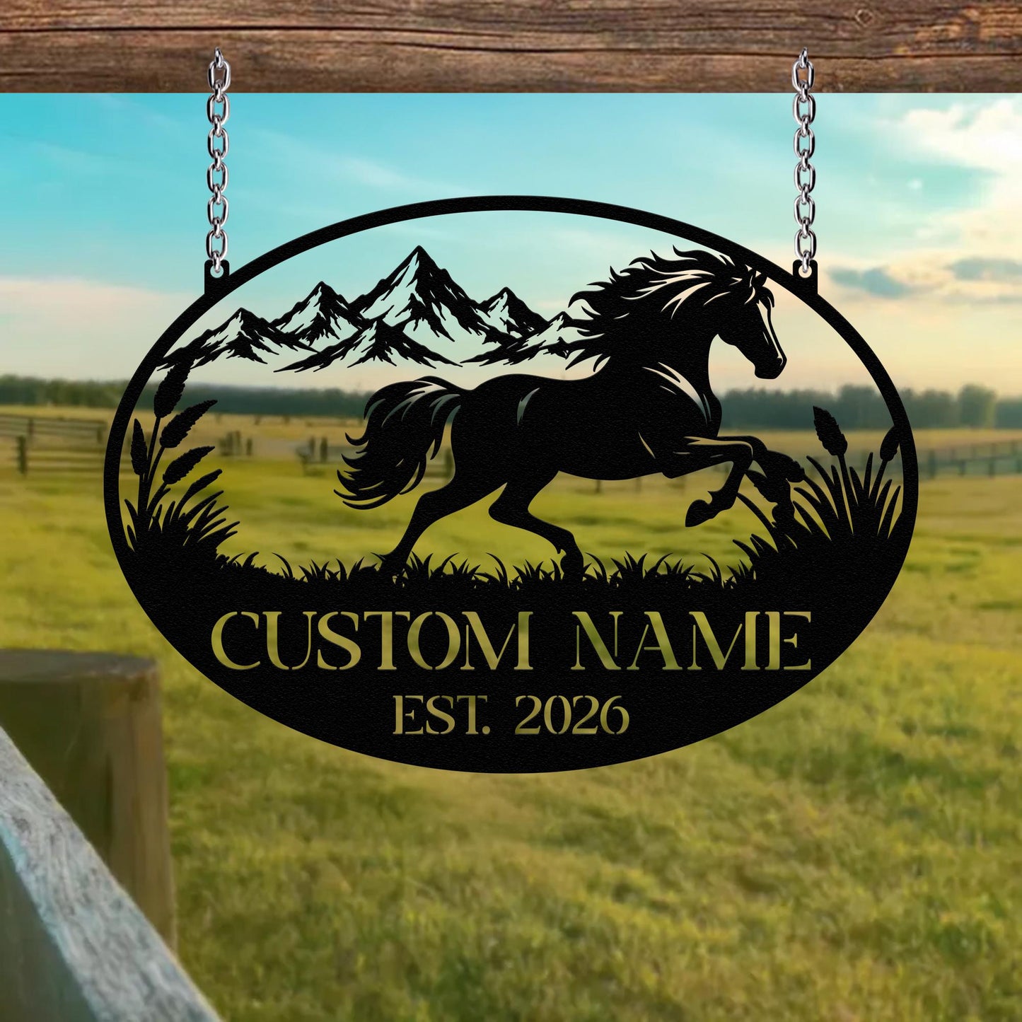 Personalized Horse Metal Sign Custom Name Mountain Sunset Hanging Ranch Farm Decor Gift
