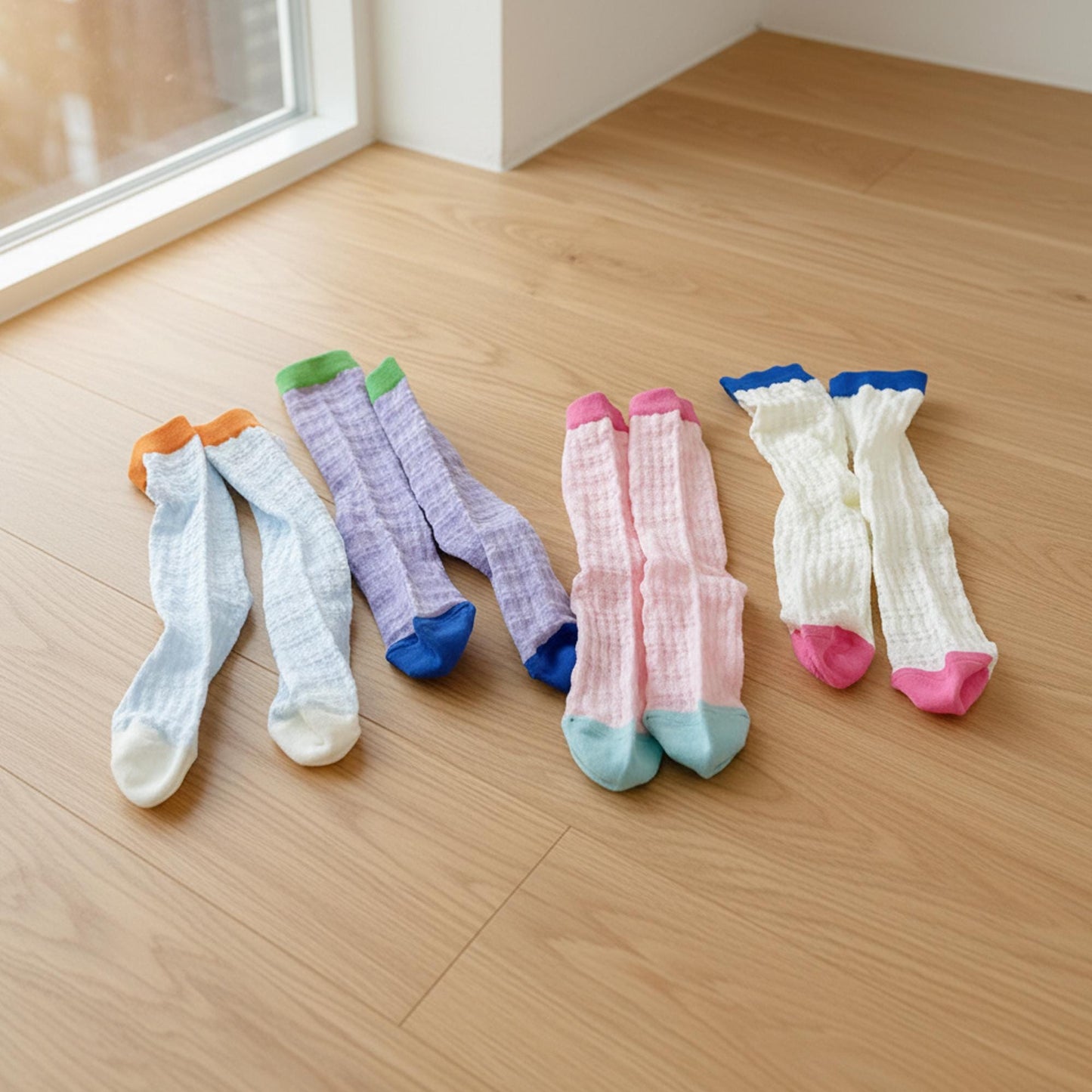 Set of 4 Custom Embroidered Sheer Slouch Socks – Women’s One Size Color Block Mid Calf Summer Socks