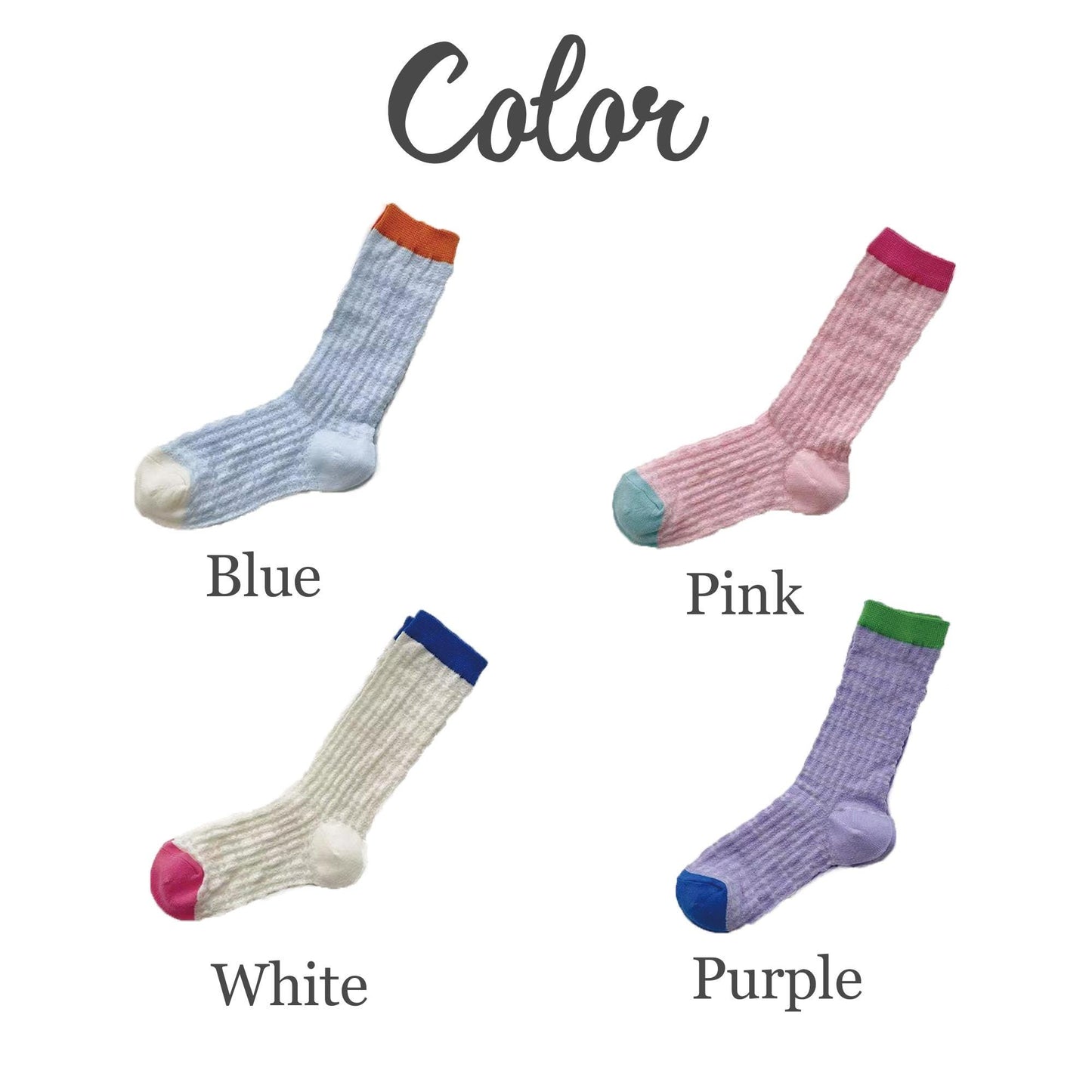 Set of 4 Custom Embroidered Sheer Slouch Socks – Women’s One Size Color Block Mid Calf Summer Socks