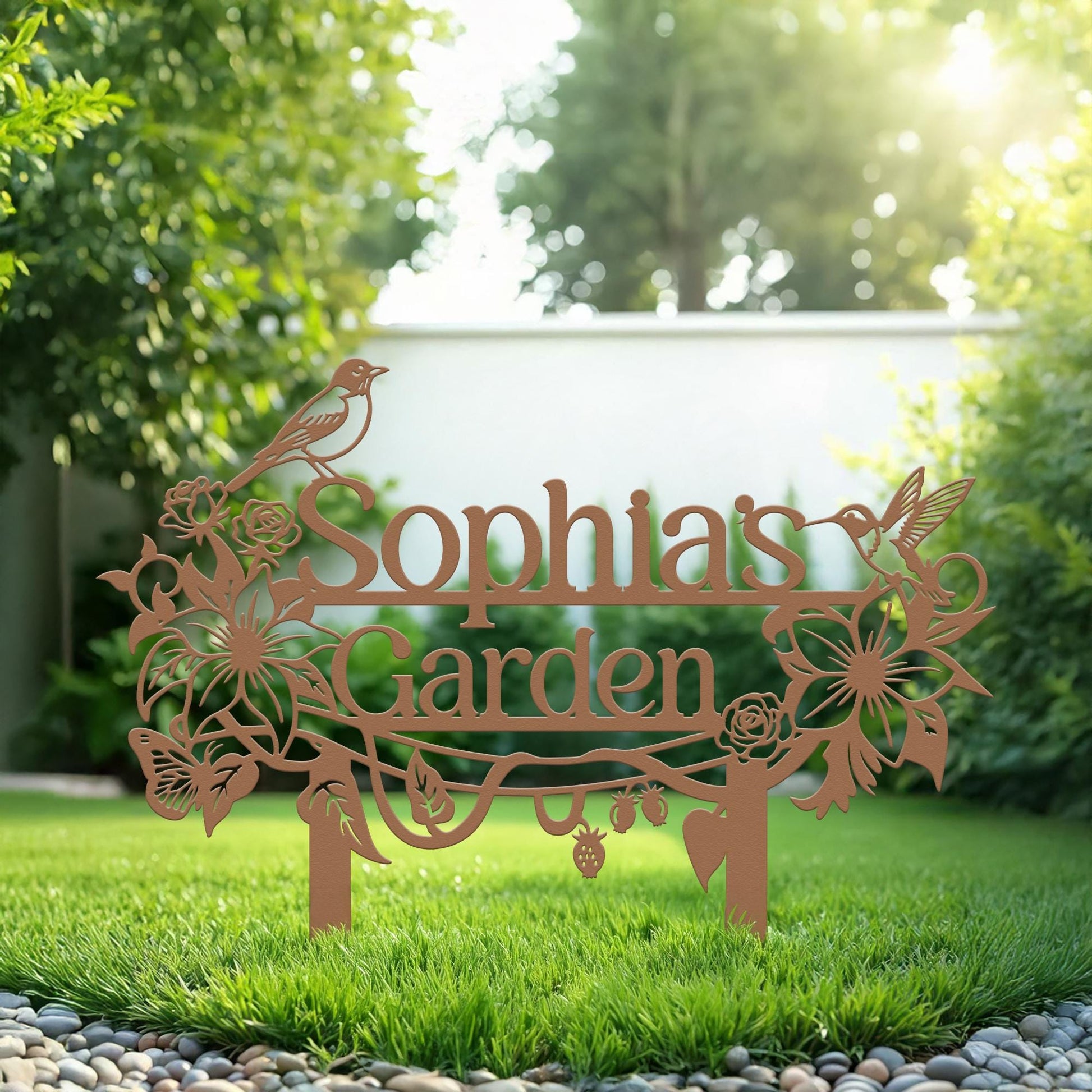 Personalized Garden Stake – Custom Metal Garden Sign with Birds and Flowers, Outdoor Yard Name Sign
