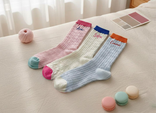 Set of 4 Custom Embroidered Sheer Slouch Socks – Women’s One Size Color Block Mid Calf Summer Socks