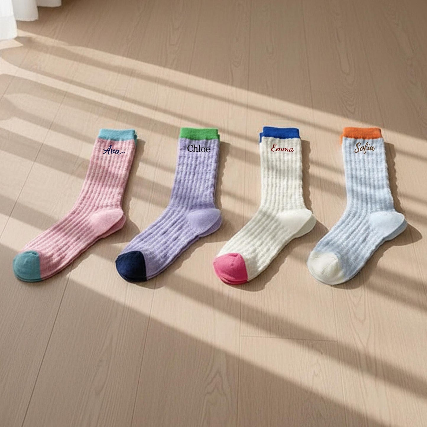 Set of 4 Custom Embroidered Sheer Slouch Socks – Women’s One Size Color Block Mid Calf Summer Socks