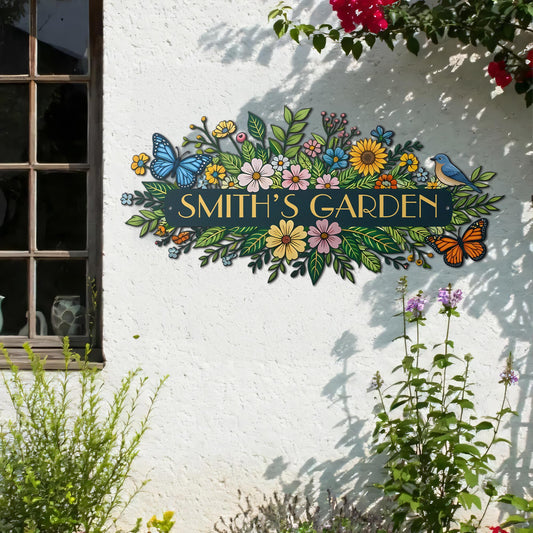 Personalized Garden Sign – Custom Floral Metal Wall Art, Outdoor Garden Name Plaque with Butterflies
