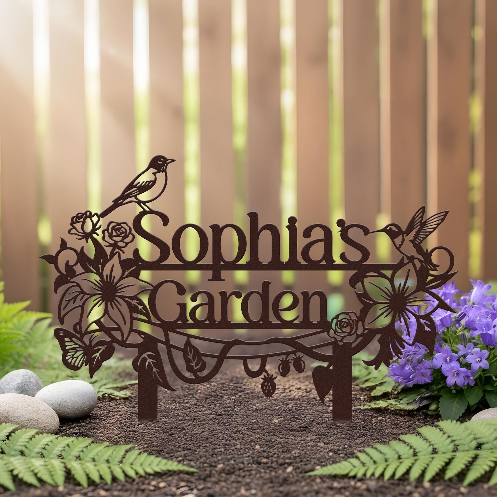 Personalized Garden Stake – Custom Metal Garden Sign with Birds and Flowers, Outdoor Yard Name Sign
