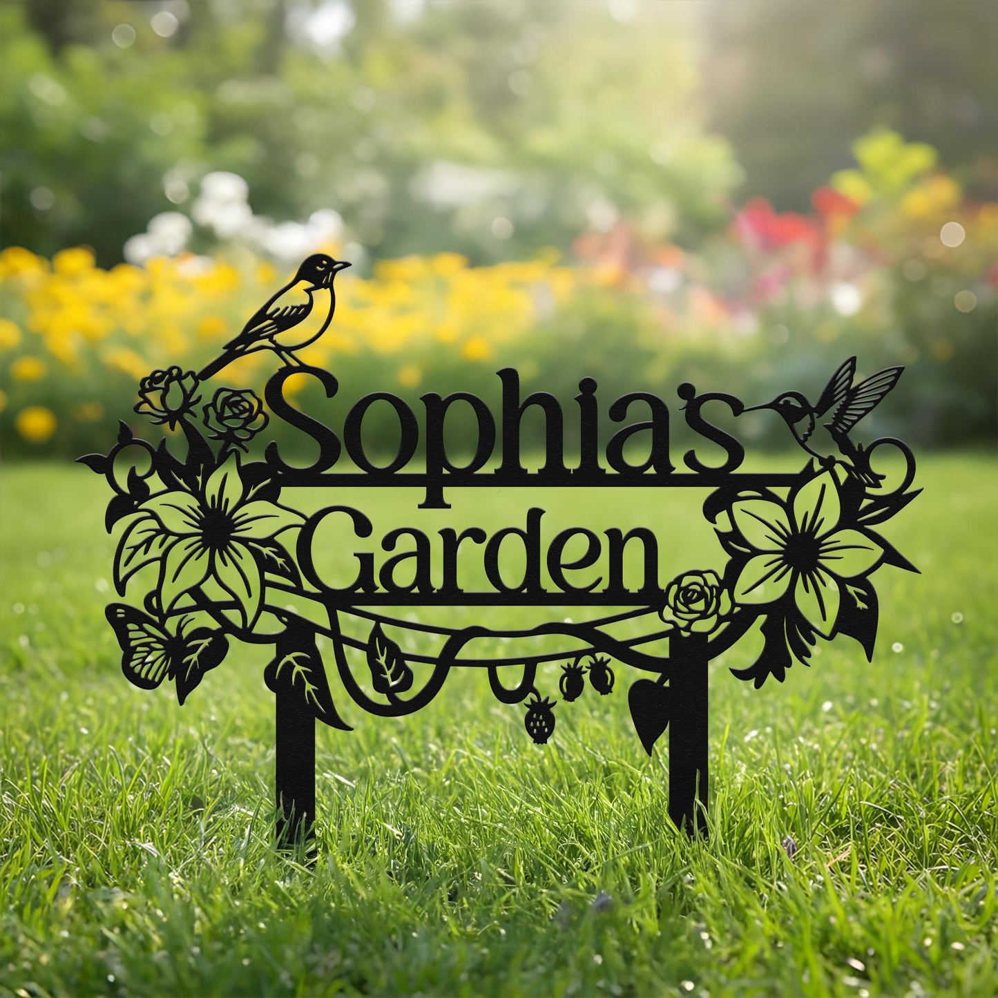 Personalized Garden Stake – Custom Metal Garden Sign with Birds and Flowers, Outdoor Yard Name Sign