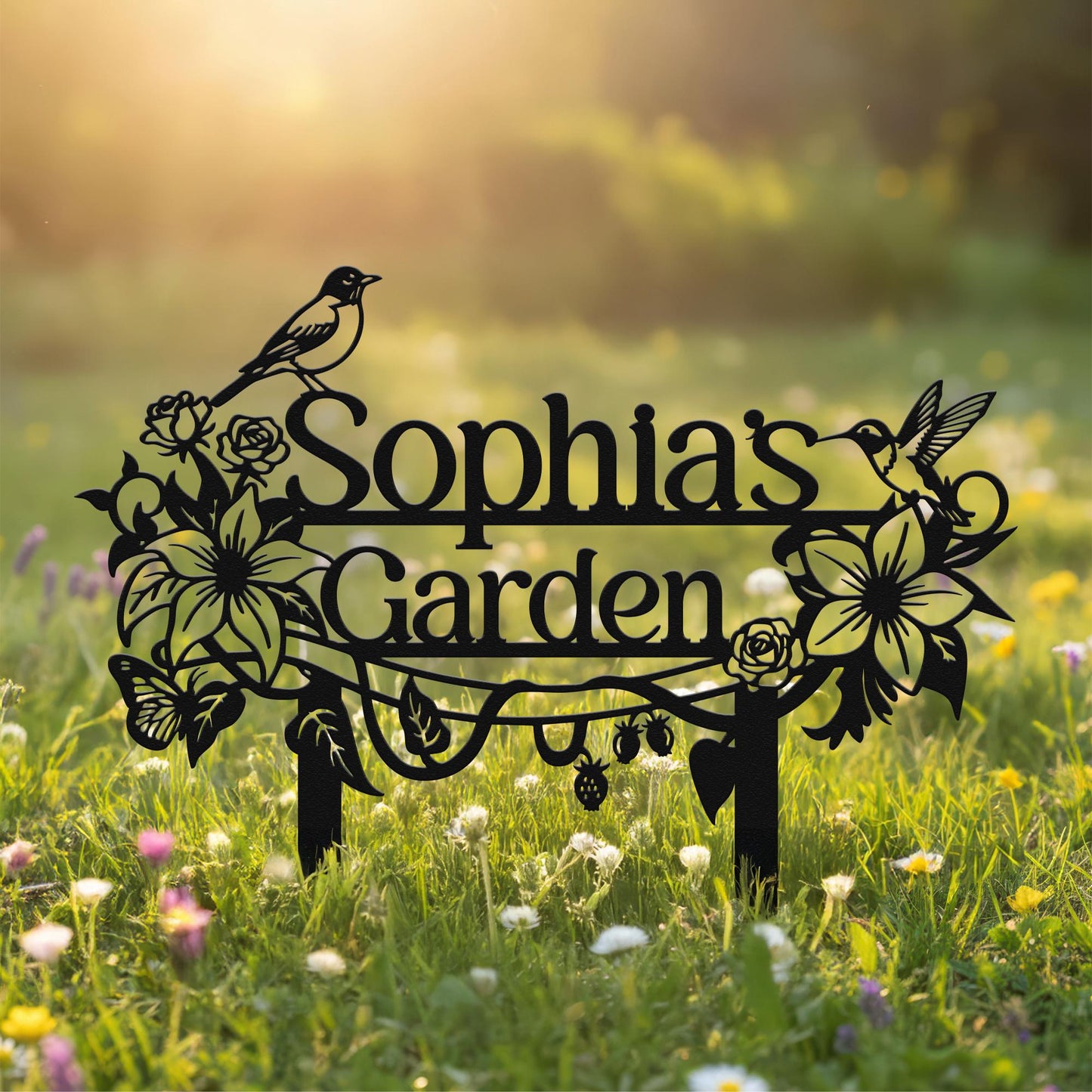 Personalized Garden Stake – Custom Metal Garden Sign with Birds and Flowers, Outdoor Yard Name Sign