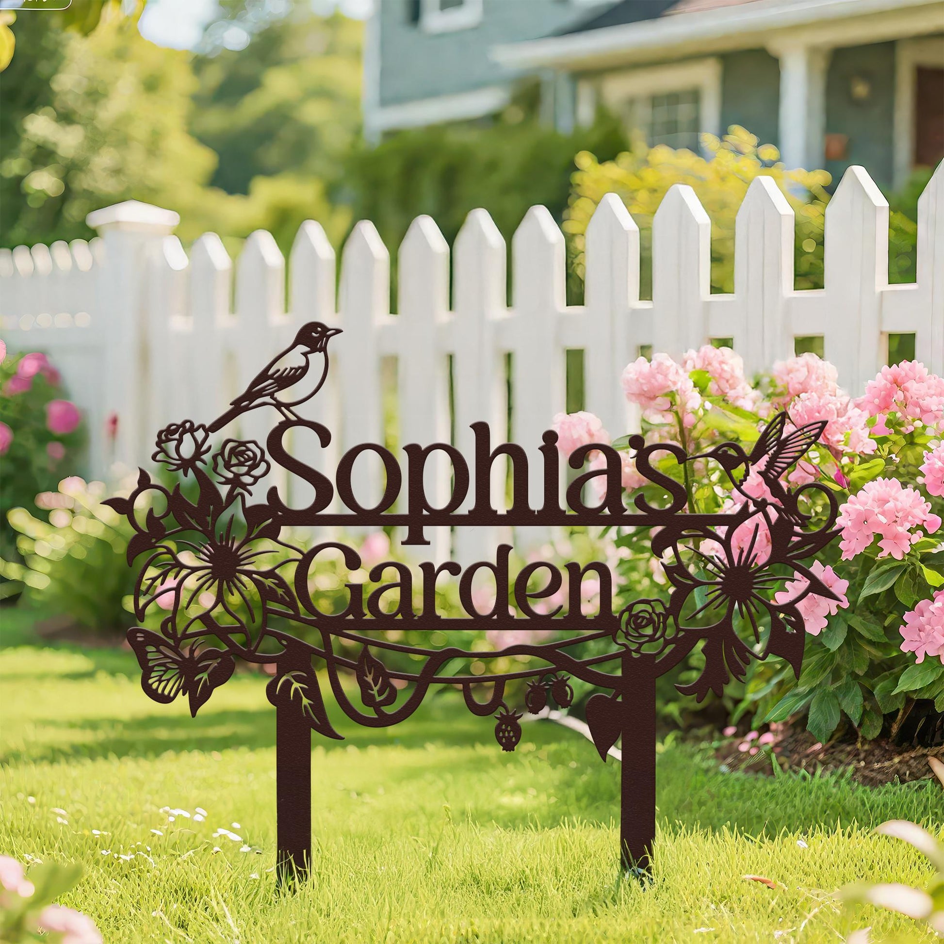 Personalized Garden Stake – Custom Metal Garden Sign with Birds and Flowers, Outdoor Yard Name Sign
