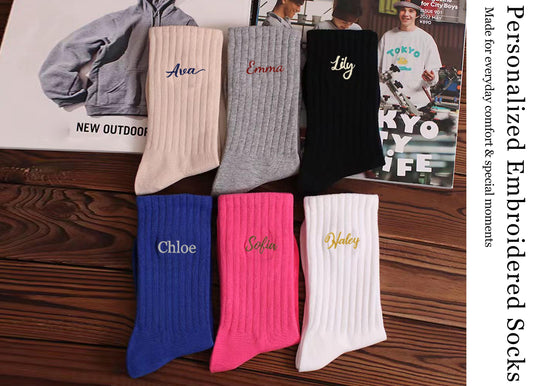 4 Pairs Deal | Unisex Custom Name Embroidered Socks | Personalized Ribbed Crew Socks | Bridesmaid Wedding Gift | Gift for Her or Him