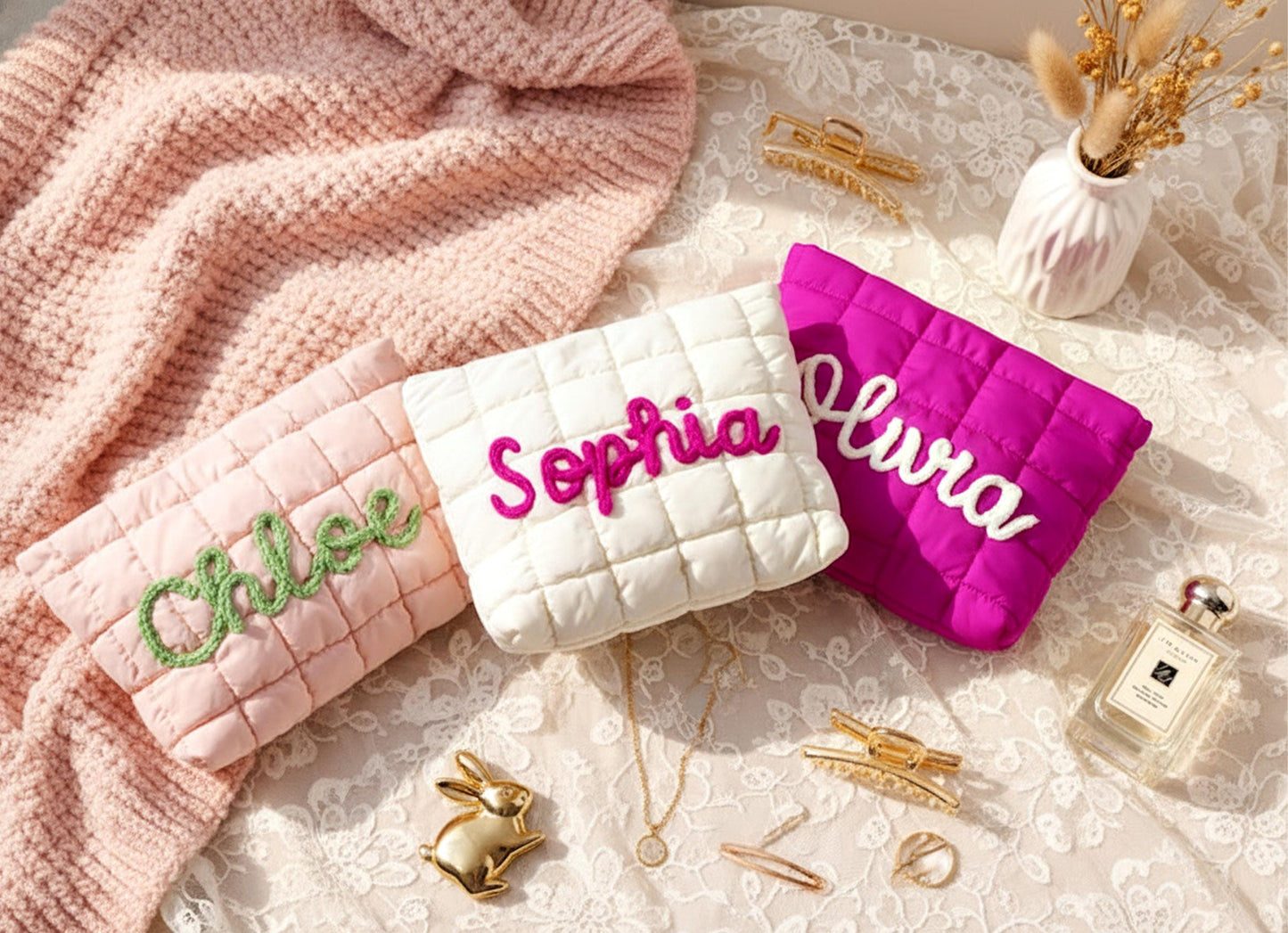 Personalized Name Puffer Makeup Bag, Custom Quilted Cosmetic Pouch, Bridesmaid Gift, Travel Toiletry Bag, Gift for Her