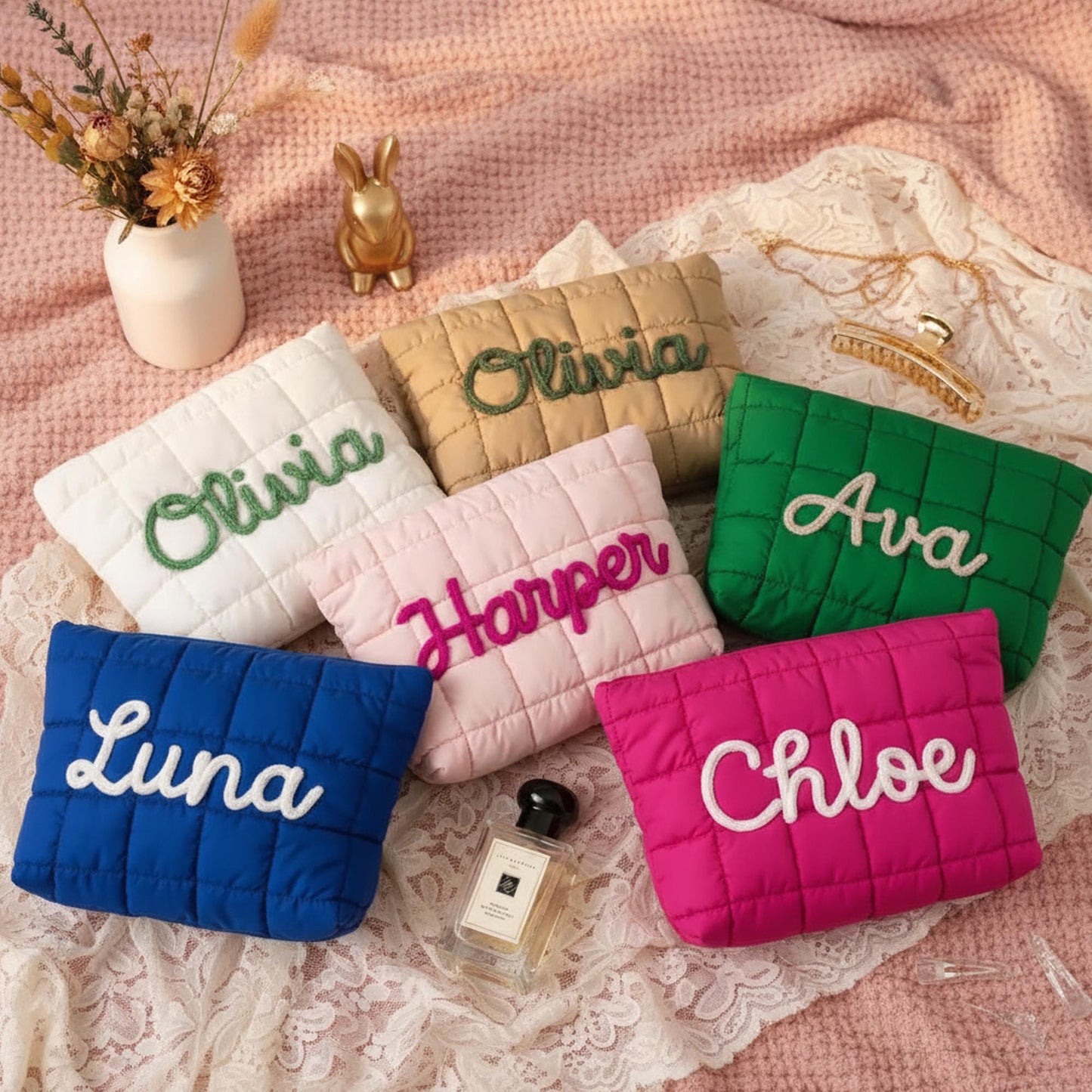 Personalized Name Puffer Makeup Bag, Custom Quilted Cosmetic Pouch, Bridesmaid Gift, Travel Toiletry Bag, Gift for Her