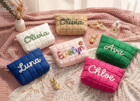 Personalized Name Puffer Makeup Bag, Custom Quilted Cosmetic Pouch, Bridesmaid Gift, Travel Toiletry Bag, Gift for Her