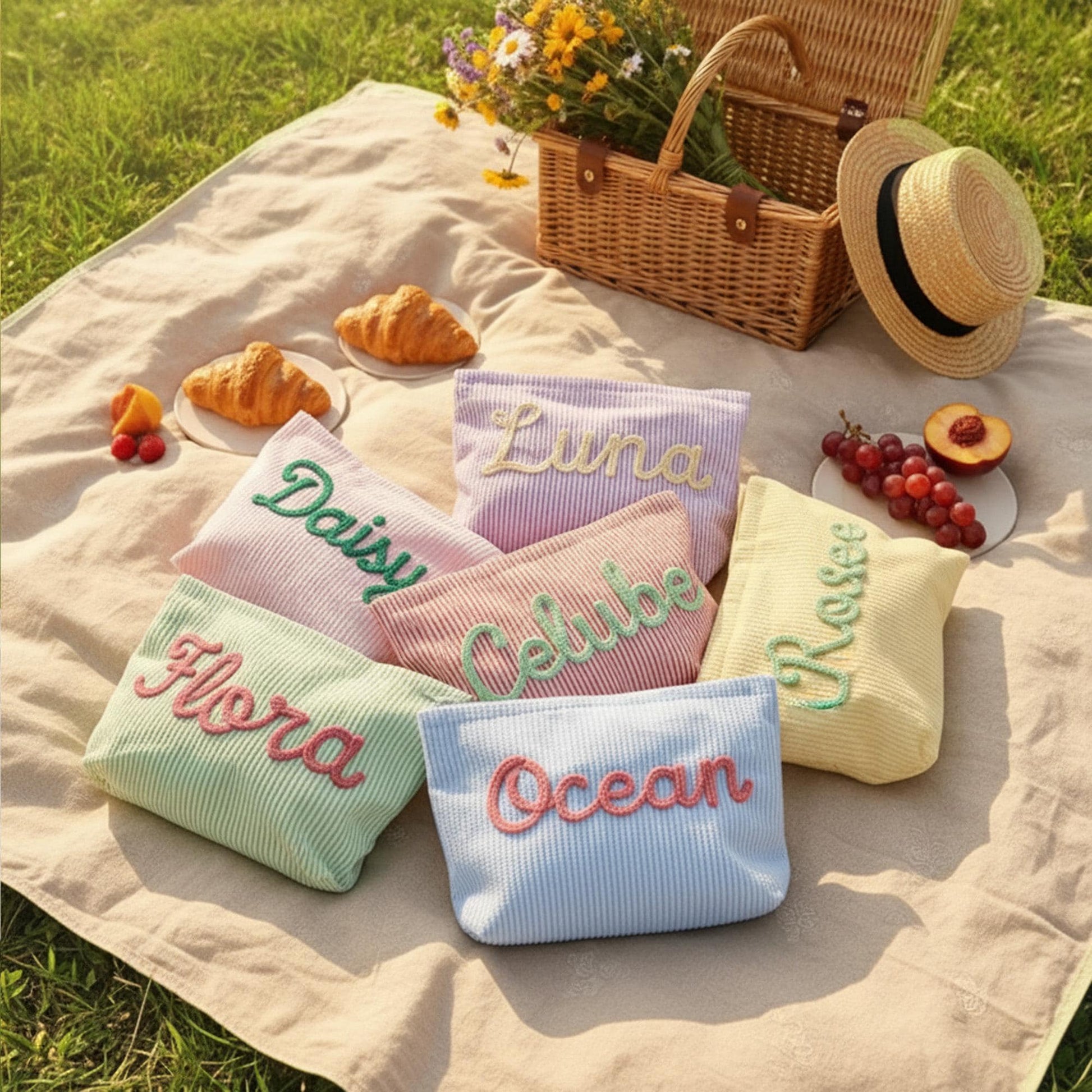 Personalized Seersucker Makeup Bag, Chenille Name Cosmetic Pouch, Travel Toiletry Bag, Gift for Her