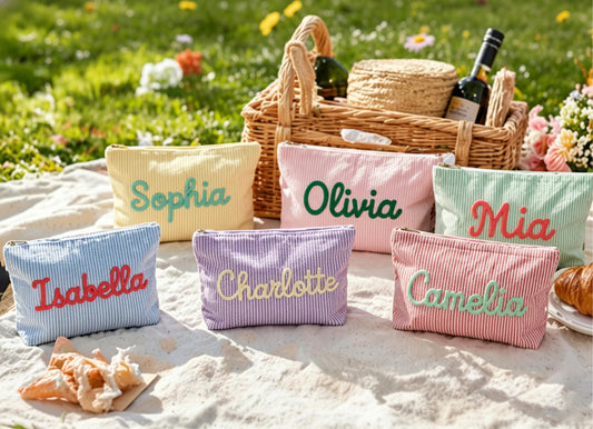 Personalized Seersucker Makeup Bag, Chenille Name Cosmetic Pouch, Travel Toiletry Bag, Gift for Her