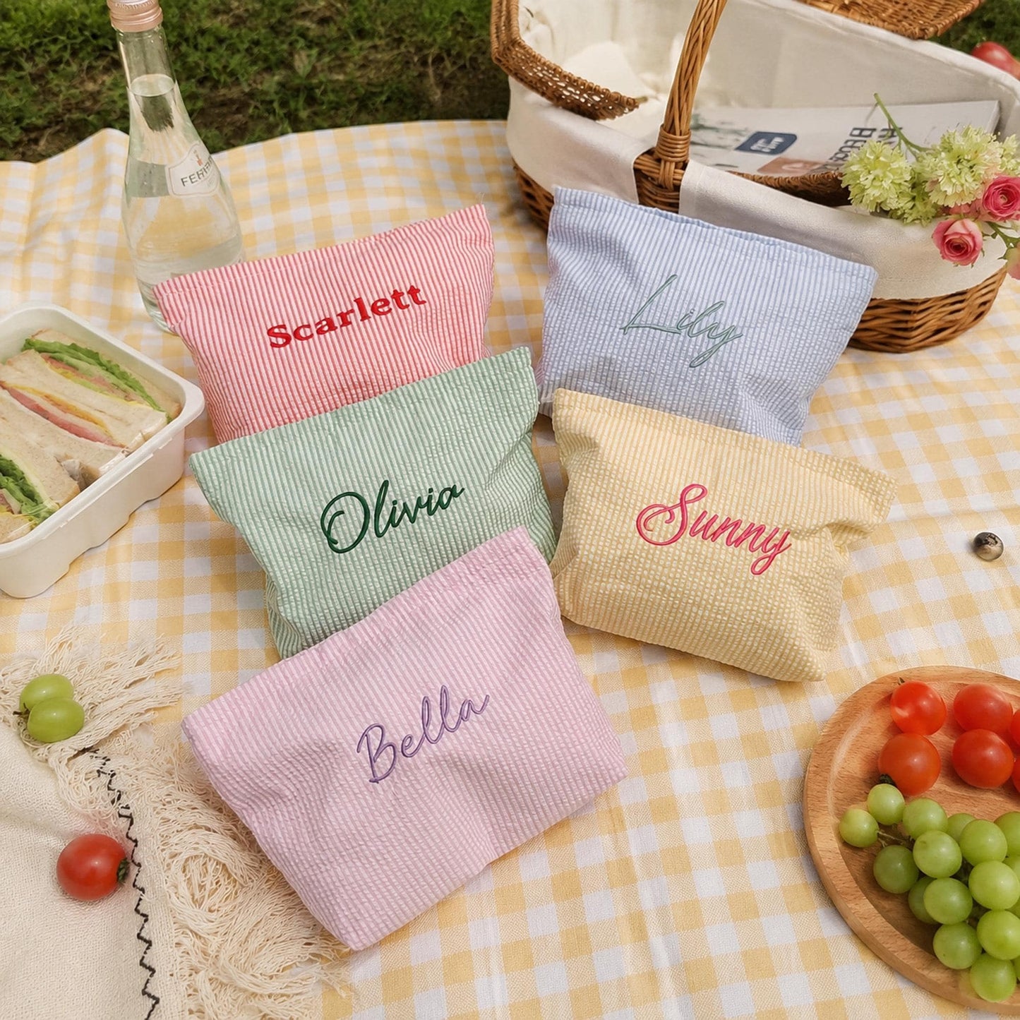 Custom Embroidered Cosmetic Pouch – Personalized Seersucker Makeup Bag