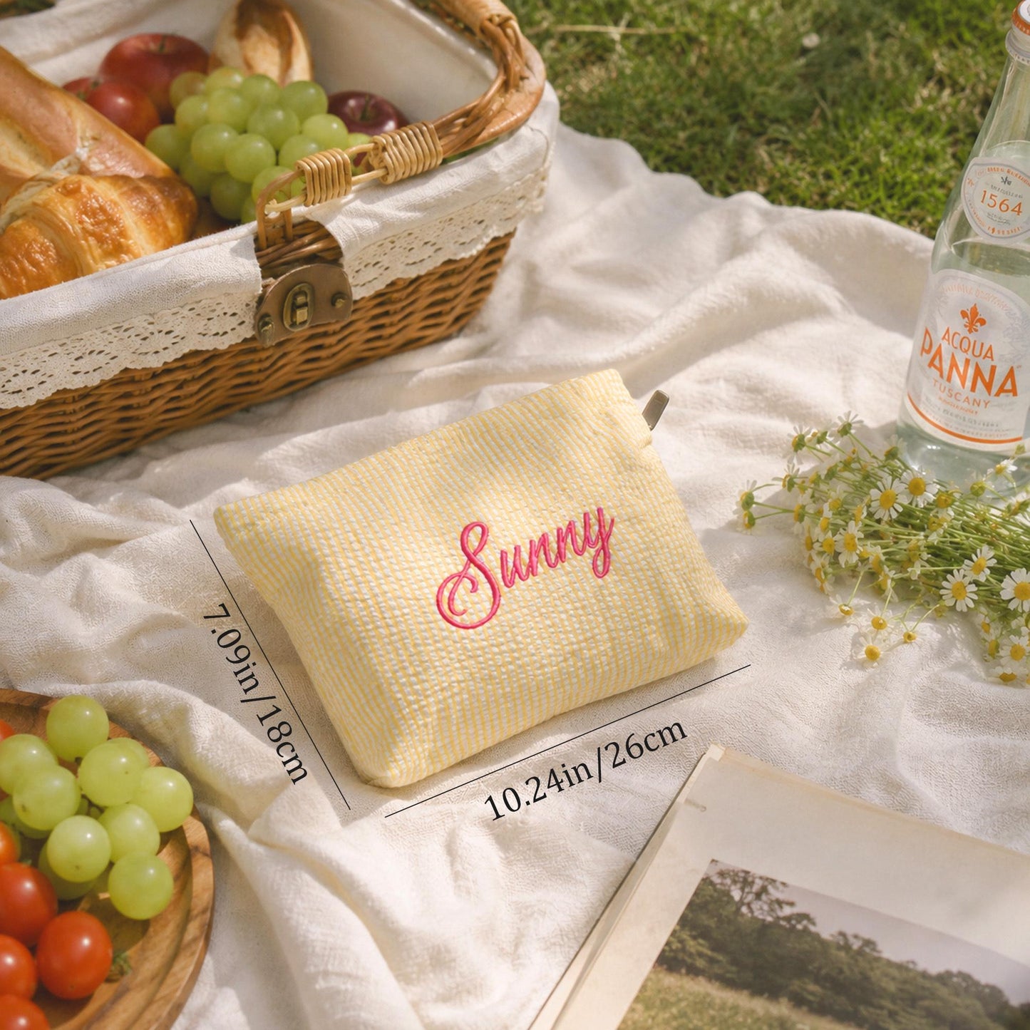 Custom Embroidered Cosmetic Pouch – Personalized Seersucker Makeup Bag