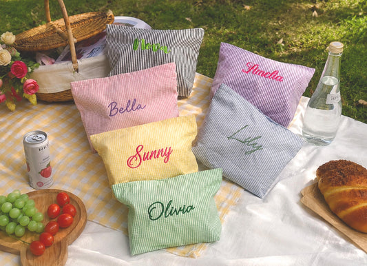 Custom Embroidered Cosmetic Pouch – Personalized Seersucker Makeup Bag