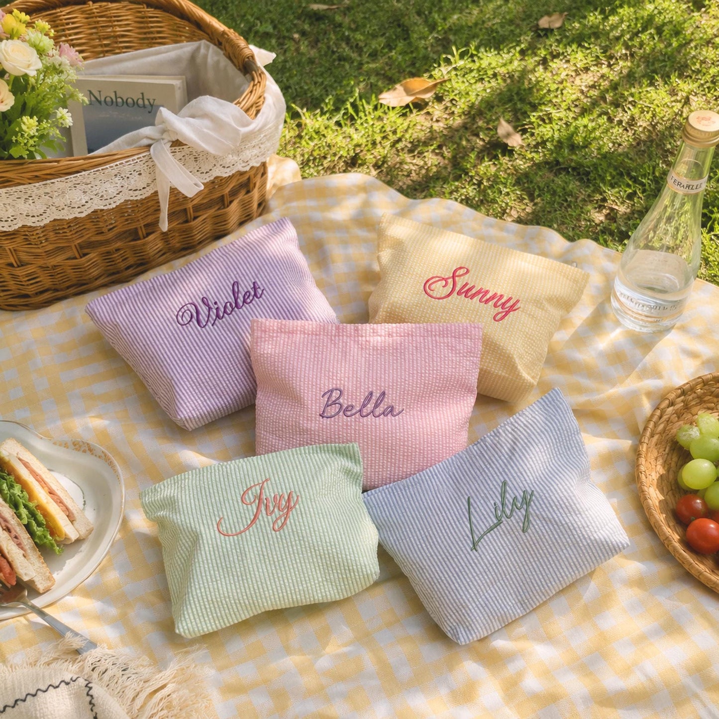 Custom Embroidered Cosmetic Pouch – Personalized Seersucker Makeup Bag