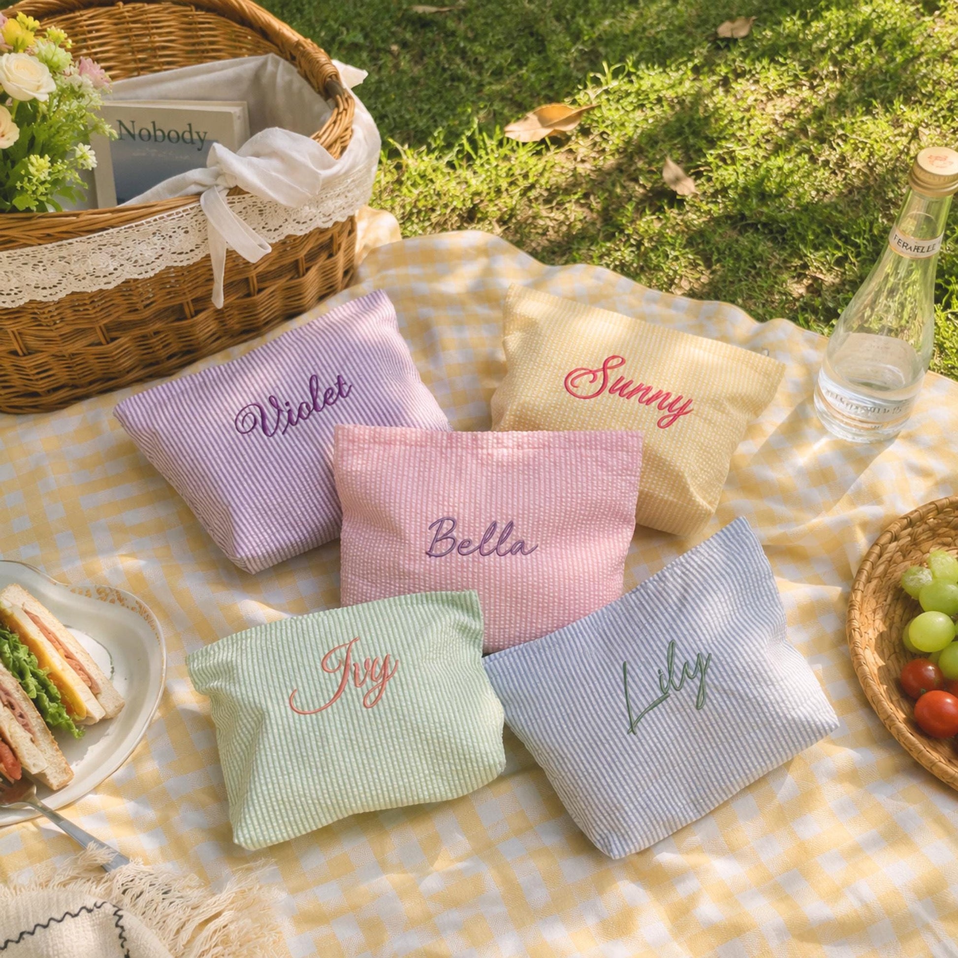 Custom Embroidered Cosmetic Pouch – Personalized Seersucker Makeup Bag