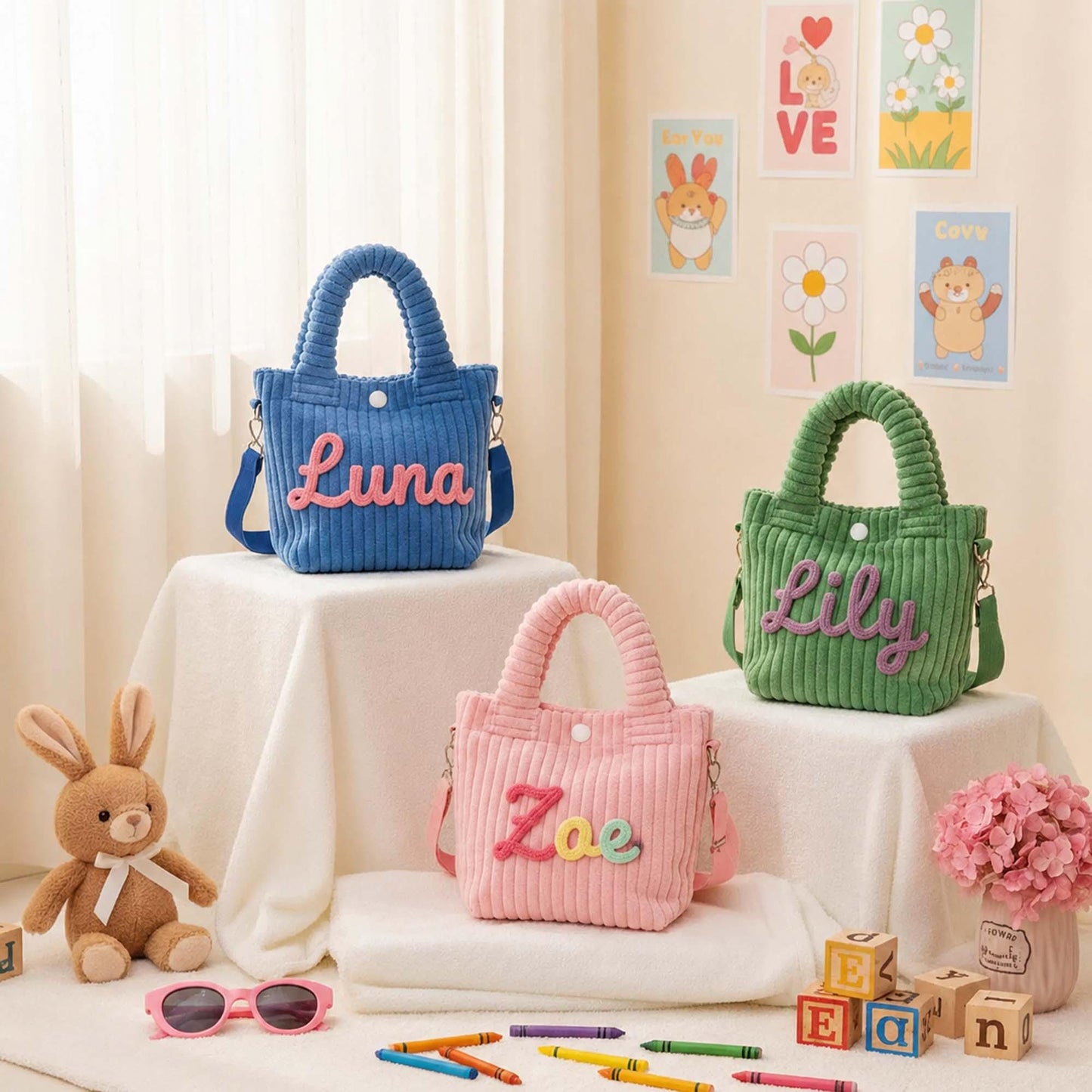Personalized Corduroy Toddler Purse, Custom Name Kids Crossbody Bag